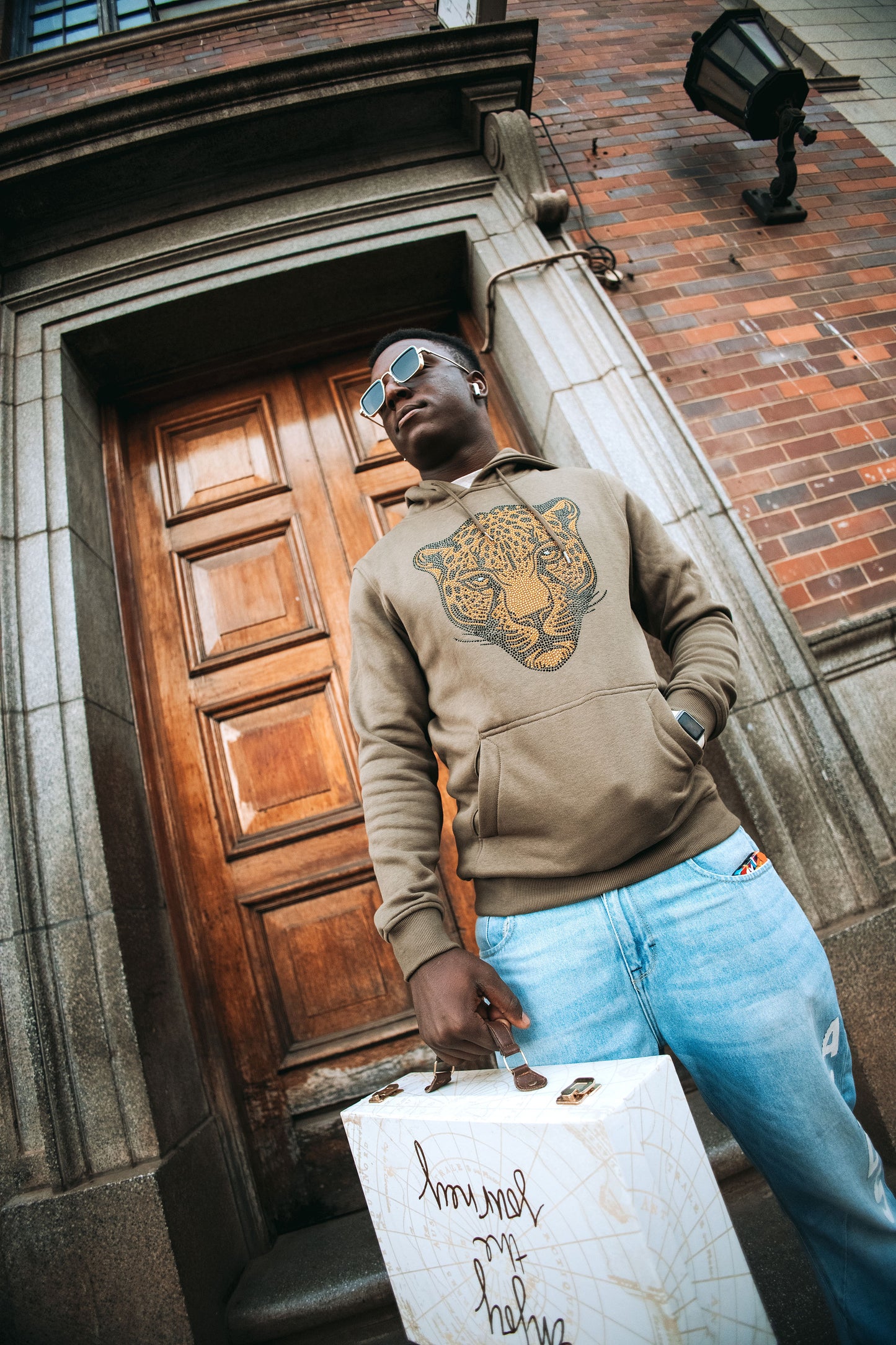 Mbada • Ingwe rhinestone premium hoodie in Verdant Olive