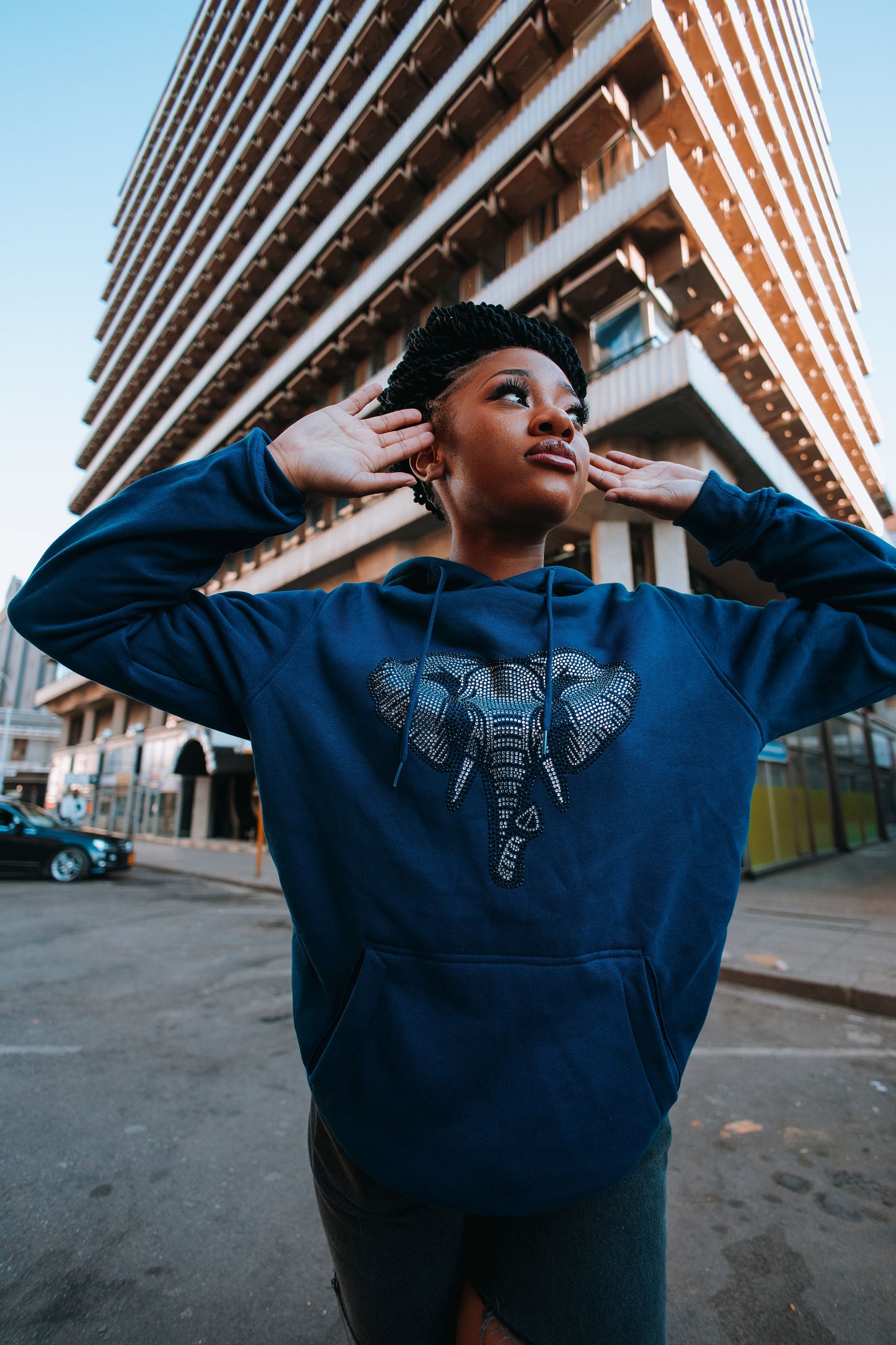 Nzou • iNdhlovu rhinestone premium hoodie in Midnight Harbour